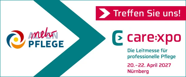Offizieller Aussteller-Banner: Treffen Sie uns auf der care:xpo 2027, Die Leitmesse für professionelle Pflege, 20. bis 22. April 2027, Nürnberg