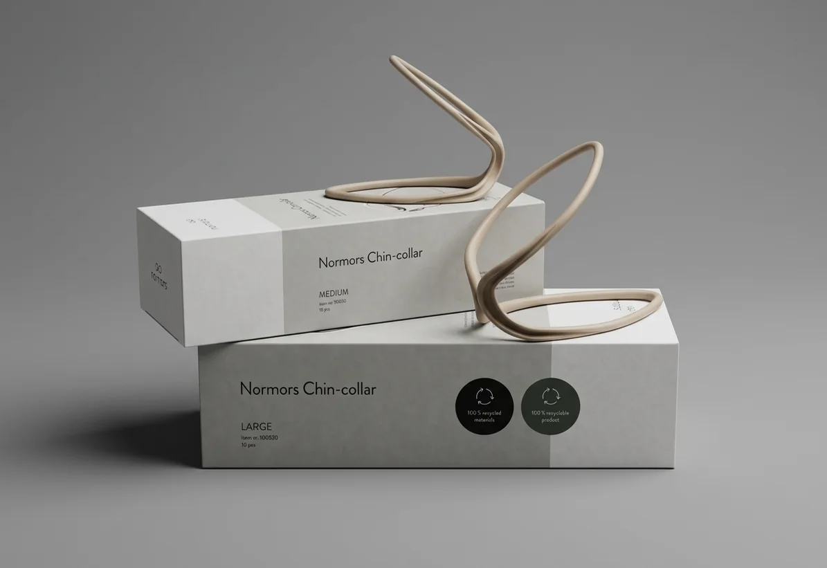 Verpackung der NorMors Kinnstütze Medium und Large, 10 Stück je Packung, 100 % recycelte Materialien, Original von Goetz Trauerwaren